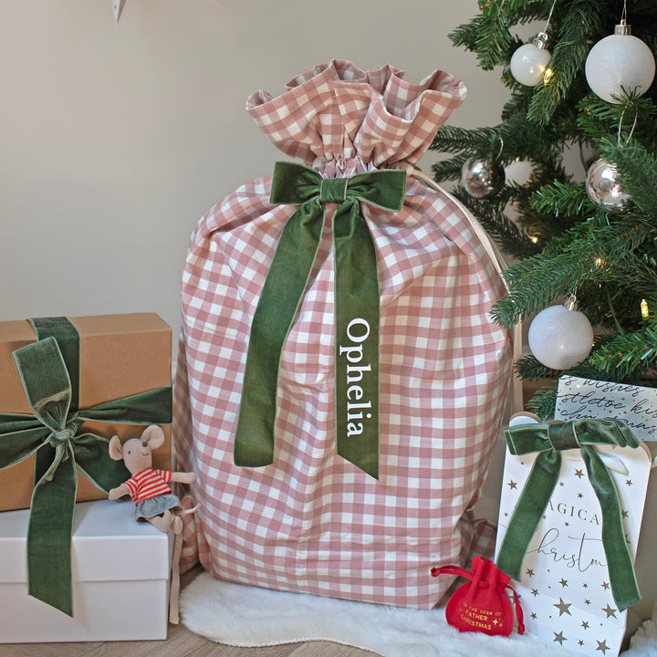 Mabel & Fox - Personalised Pink Gingham Gift Sack - Velvet Bow