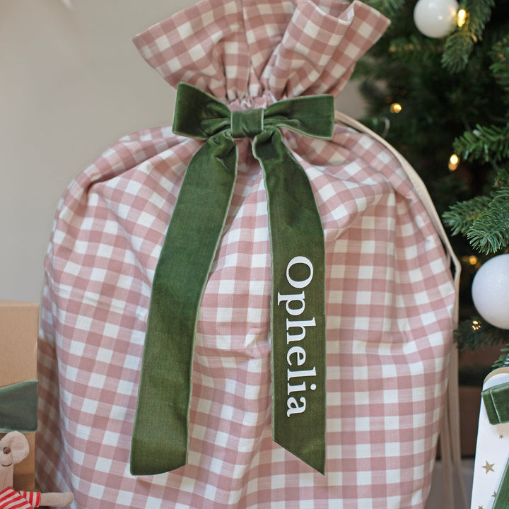 Mabel & Fox - Personalised Pink Gingham Gift Sack - Velvet Bow