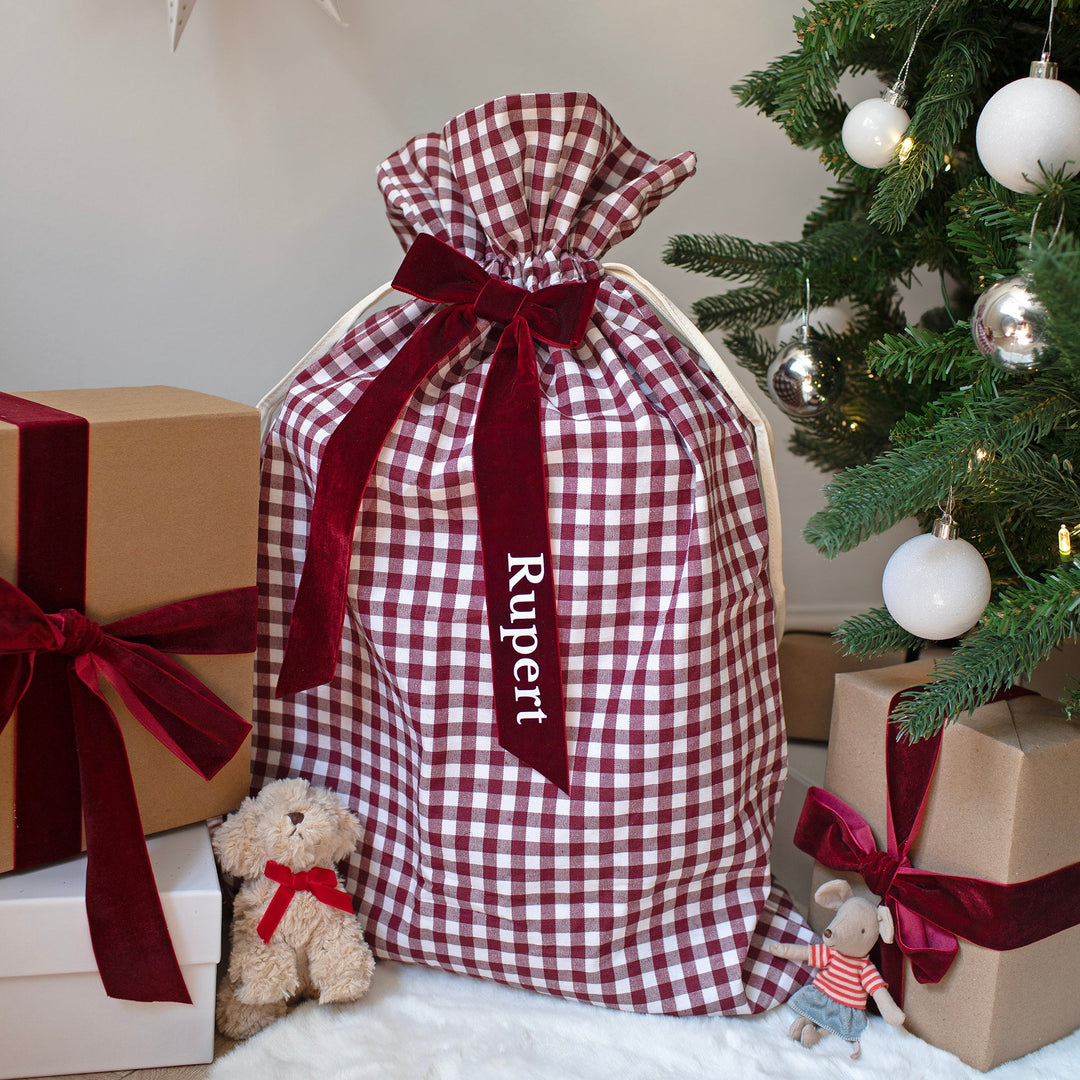 Mabel & Fox - Personalised Red Gingham Gift Sack - Velvet Bow