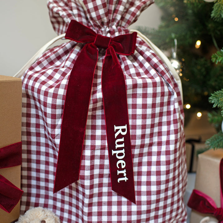 Mabel & Fox - Personalised Red Gingham Gift Sack - Velvet Bow
