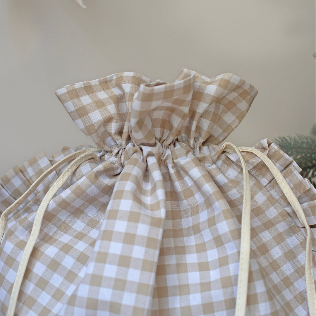 Mabel & Fox - Personalised Beige Gingham Ruffle Gift Sack - Embroidered