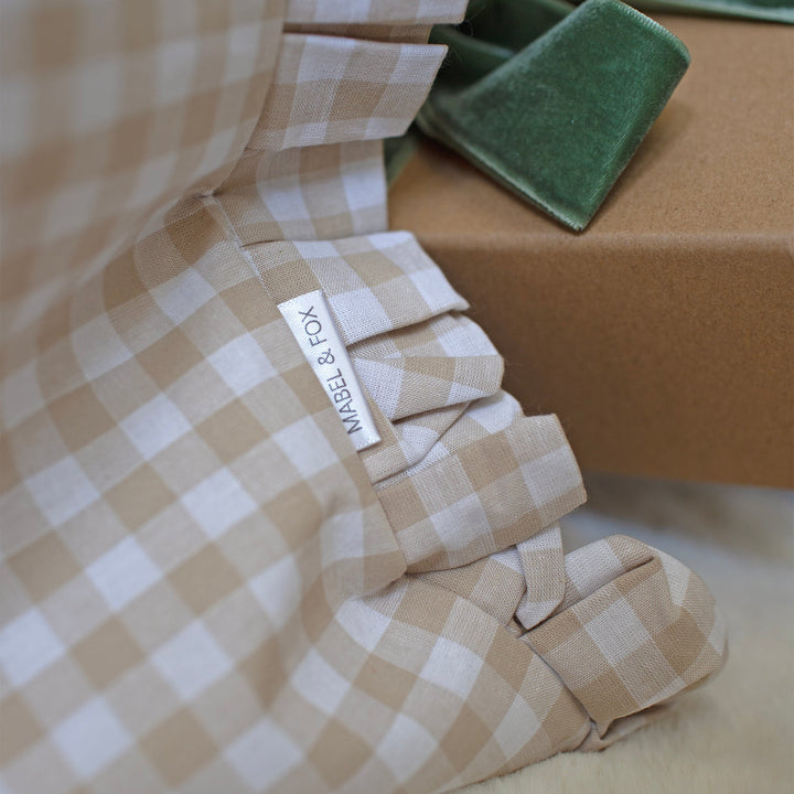 Mabel & Fox - Personalised Beige Gingham Ruffle Gift Sack - Embroidered