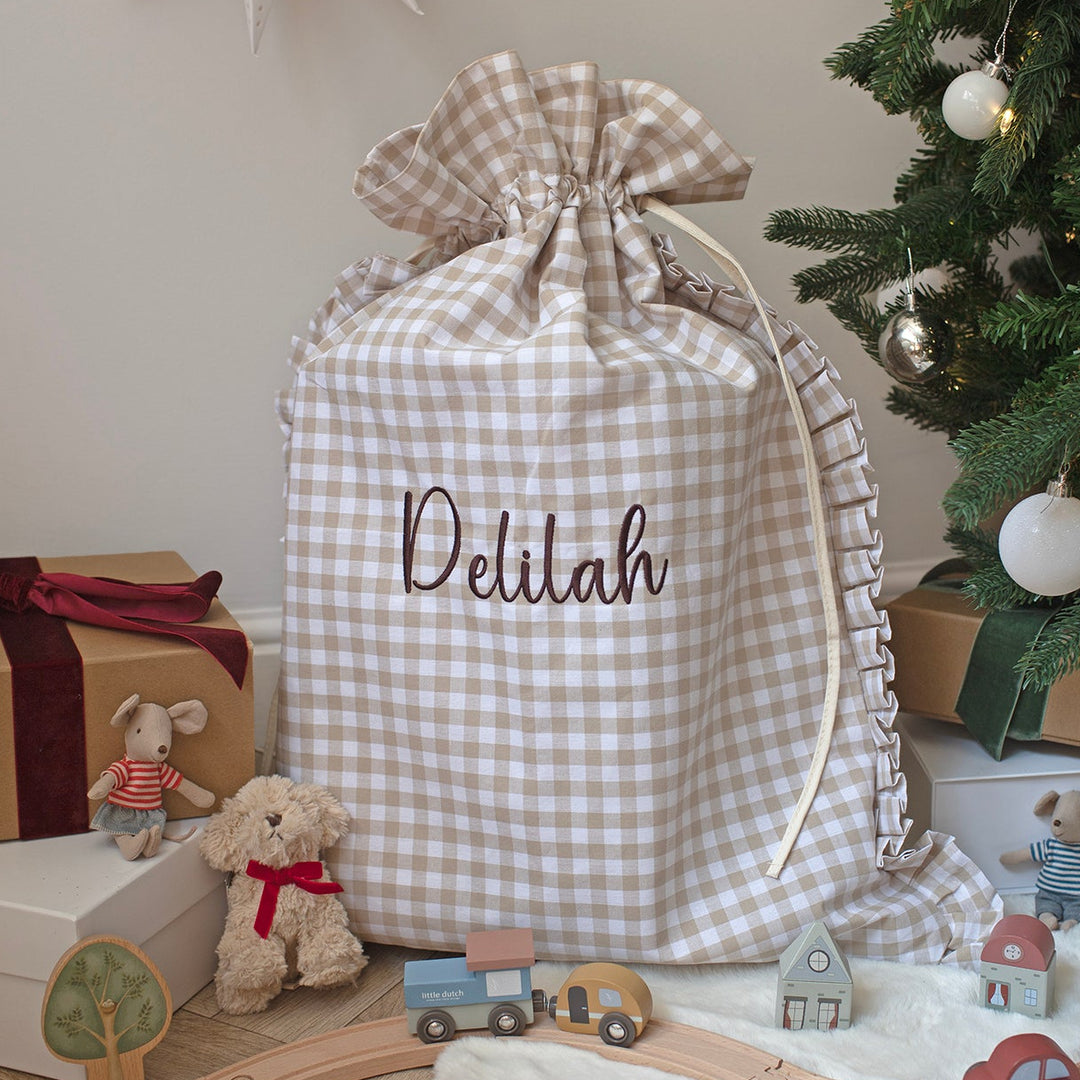 Mabel & Fox - Personalised Beige Gingham Ruffle Gift Sack - Embroidered