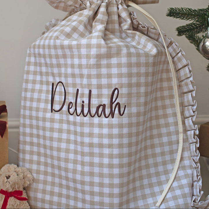 Mabel & Fox - Personalised Beige Gingham Ruffle Gift Sack - Embroidered