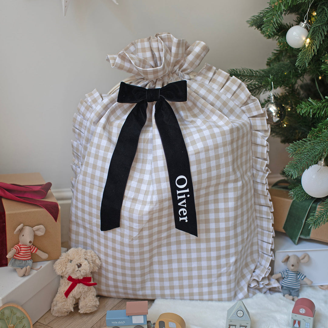 Mabel & Fox - Personalised Beige Gingham Ruffle Gift Sack - Velvet Bow