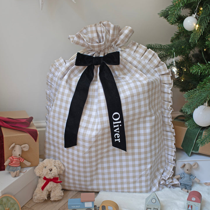 Mabel & Fox - Personalised Beige Gingham Ruffle Gift Sack - Velvet Bow
