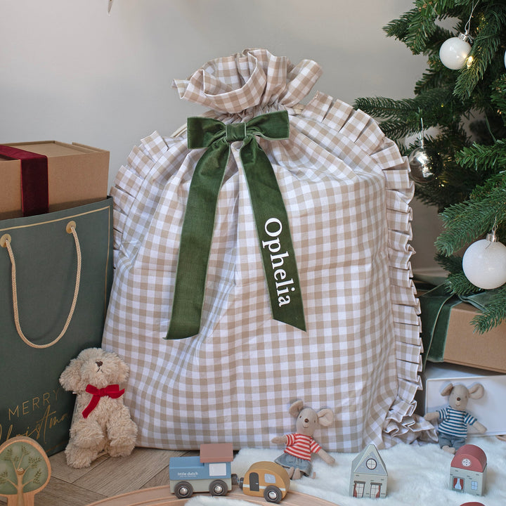 Mabel & Fox - Personalised Beige Gingham Ruffle Gift Sack - Velvet Bow