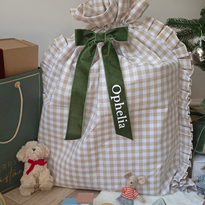 Mabel & Fox - Personalised Beige Gingham Ruffle Gift Sack - Velvet Bow