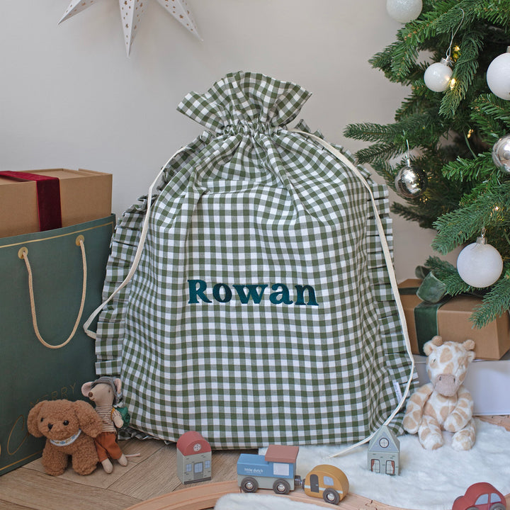 Mabel & Fox - Personalised Green Gingham Ruffle Gift Sack - Embroidered