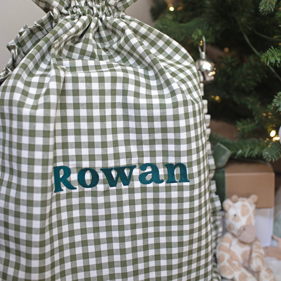 Mabel & Fox - Personalised Green Gingham Ruffle Gift Sack - Embroidered