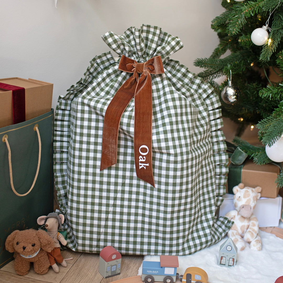 Mabel & Fox - Personalised Green Gingham Ruffle Gift Sack - Velvet Bow
