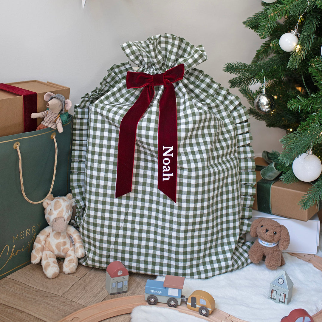 Mabel & Fox - Personalised Green Gingham Ruffle Gift Sack - Velvet Bow