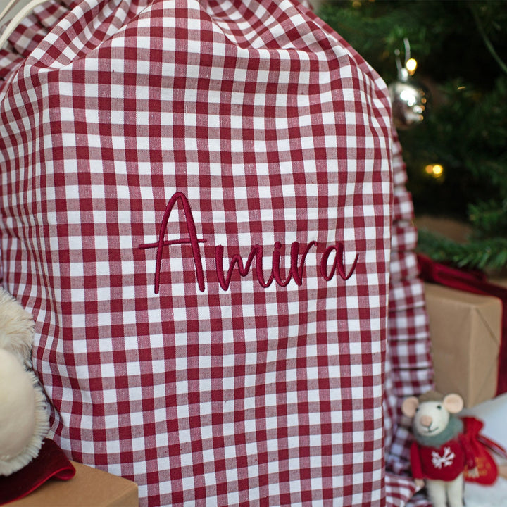 Mabel & Fox - Personalised Red Gingham Ruffle Gift Sack - Embroidered