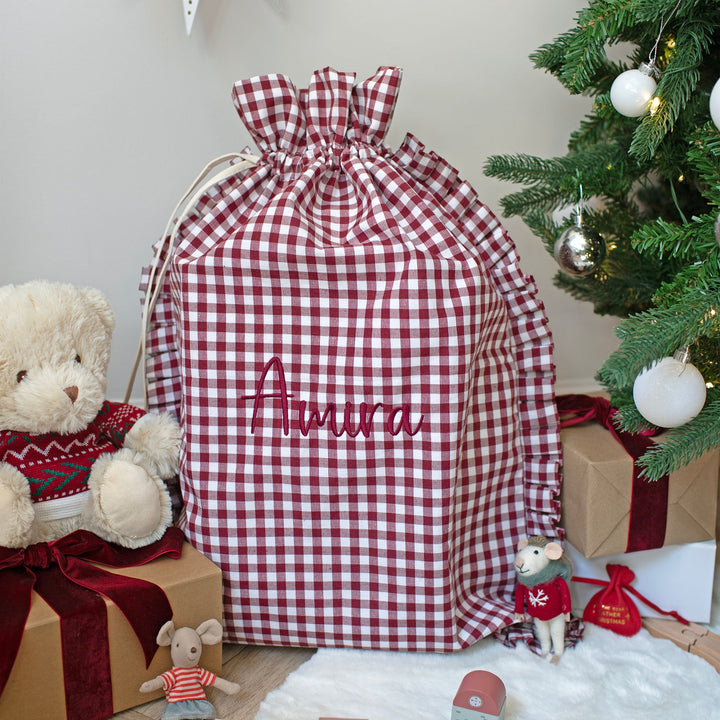 Mabel & Fox - Personalised Red Gingham Ruffle Gift Sack - Embroidered