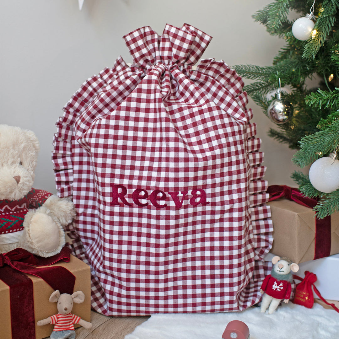 Mabel & Fox - Personalised Red Gingham Ruffle Gift Sack - Embroidered