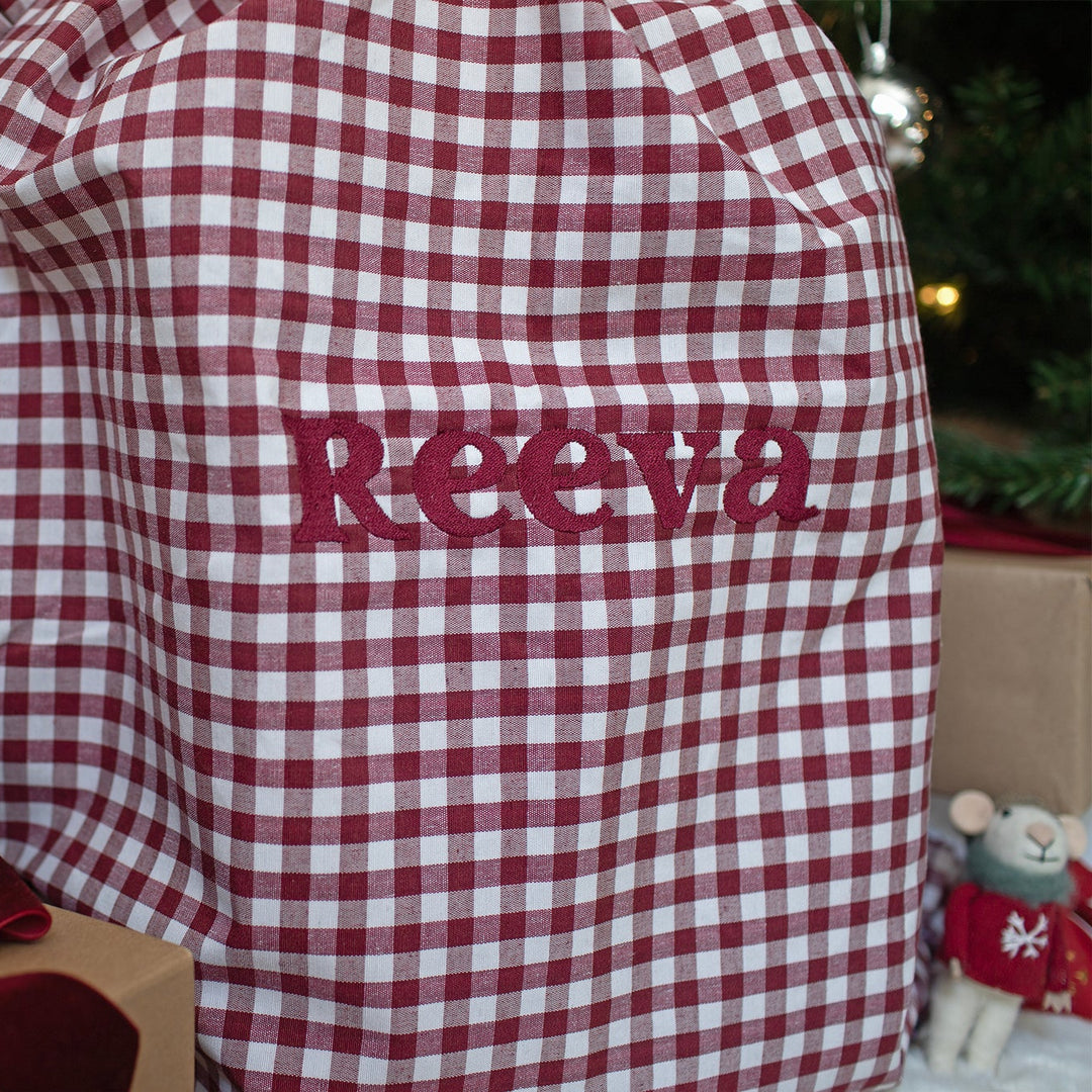 Mabel & Fox - Personalised Red Gingham Ruffle Gift Sack - Embroidered