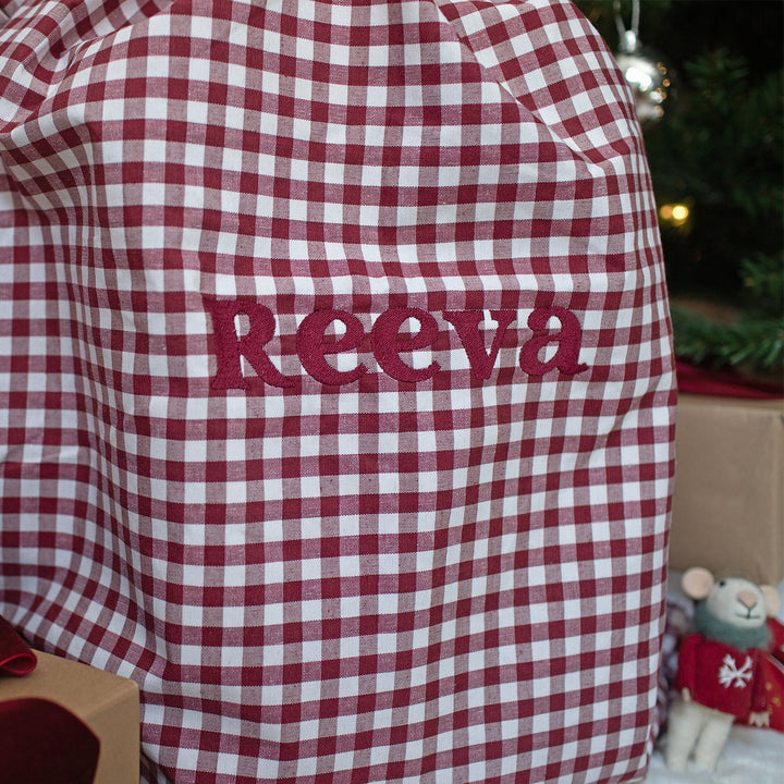 Mabel & Fox - Personalised Red Gingham Ruffle Gift Sack - Embroidered