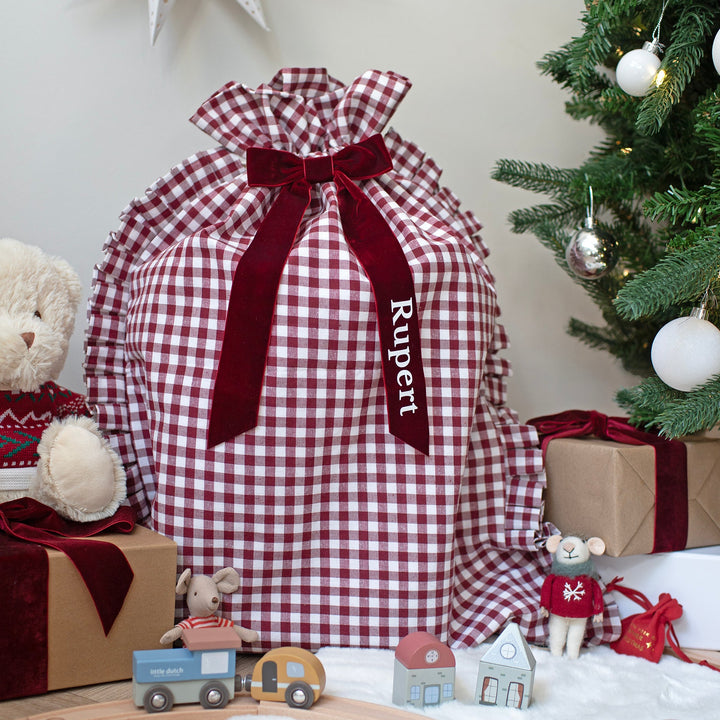 Mabel & Fox - Personalised Red Gingham Ruffle Gift Sack - Velvet Bow