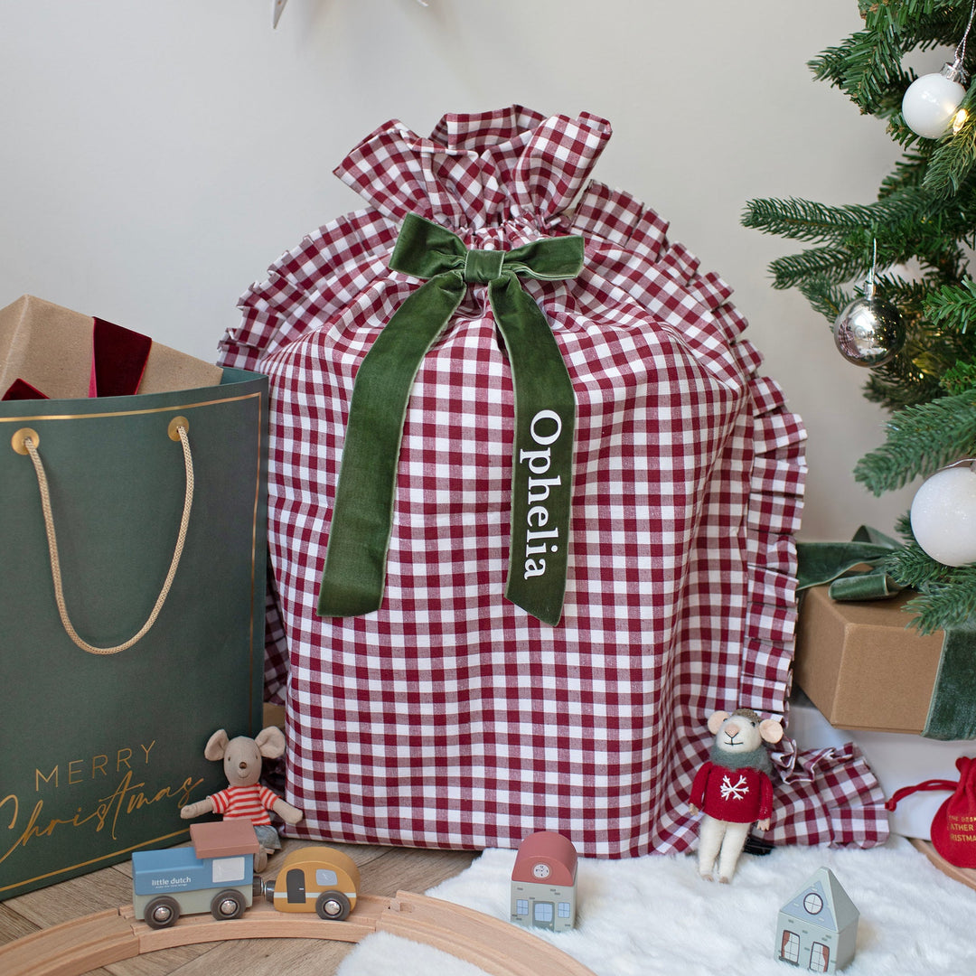 Mabel & Fox - Personalised Red Gingham Ruffle Gift Sack - Velvet Bow