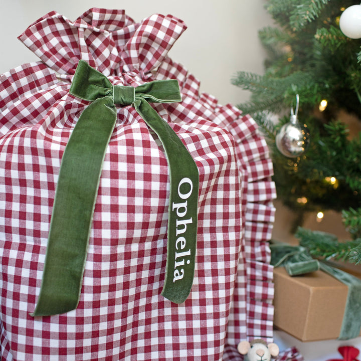 Mabel & Fox - Personalised Red Gingham Ruffle Gift Sack - Velvet Bow
