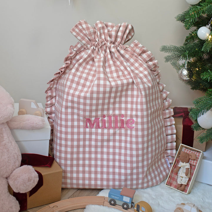 Mabel & Fox - Personalised Pink Gingham Ruffle Gift Sack - Embroidered