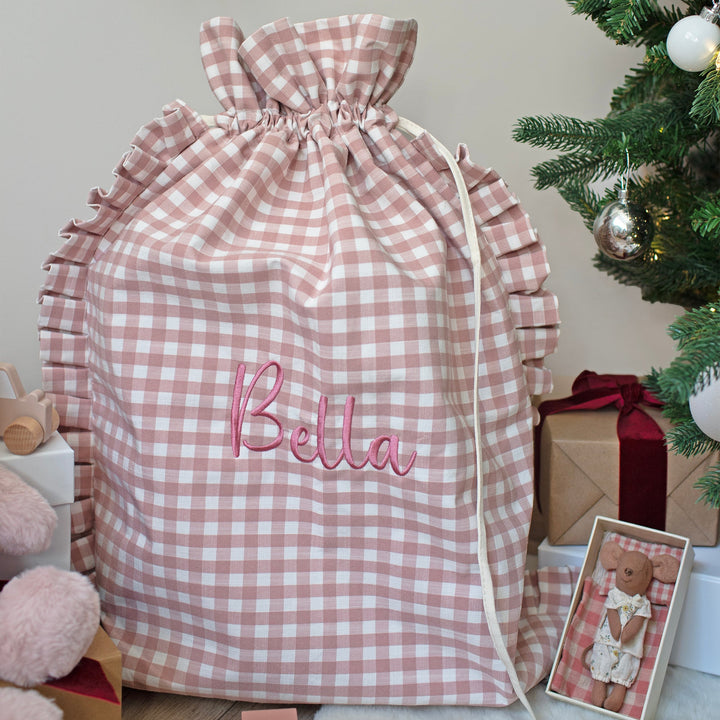 Mabel & Fox - Personalised Pink Gingham Ruffle Gift Sack - Embroidered