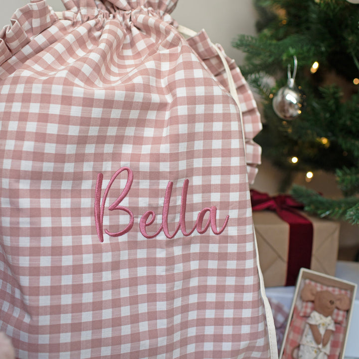Mabel & Fox - Personalised Pink Gingham Ruffle Gift Sack - Embroidered