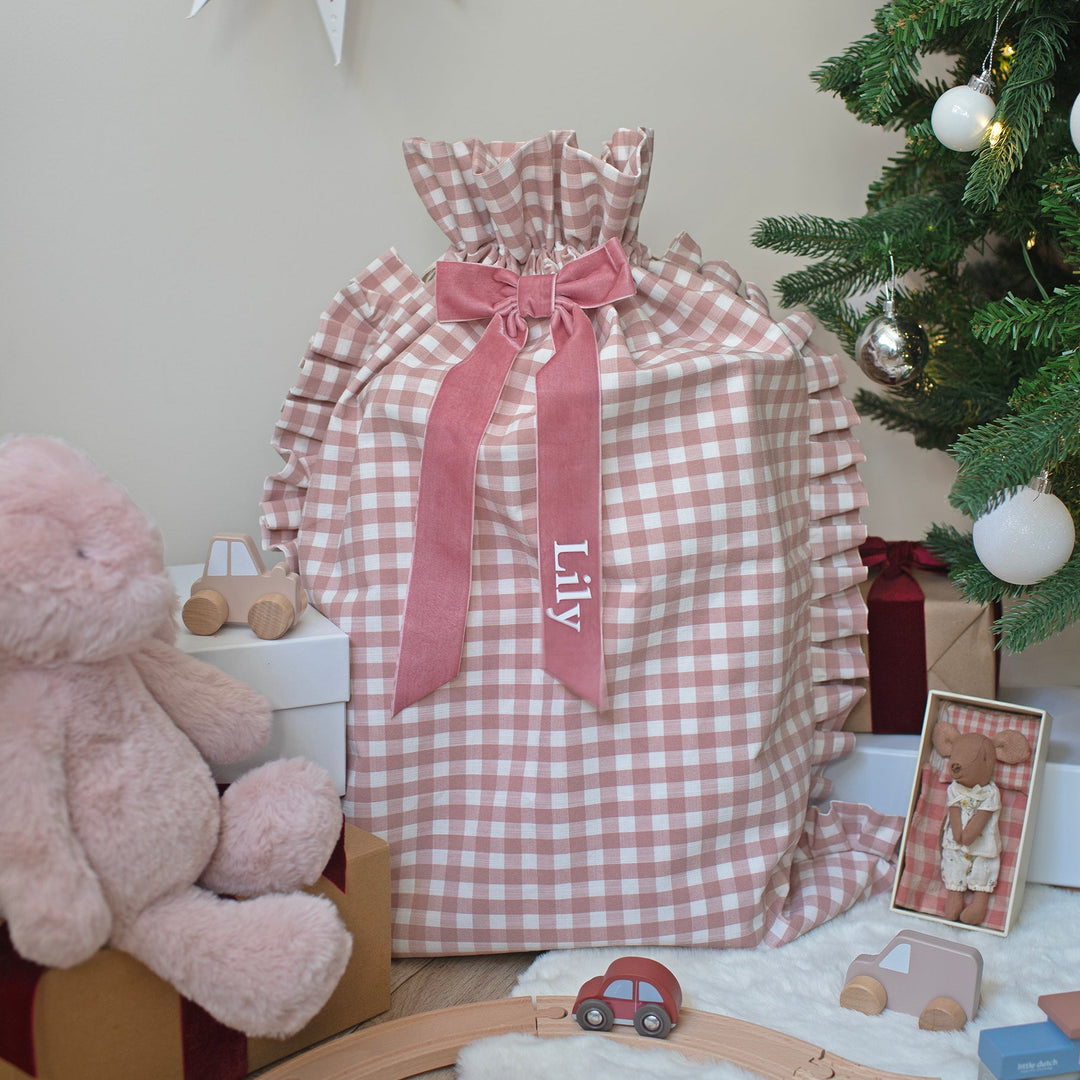 Mabel & Fox - Personalised Pink Gingham Ruffle Gift Sack - Velvet Bow
