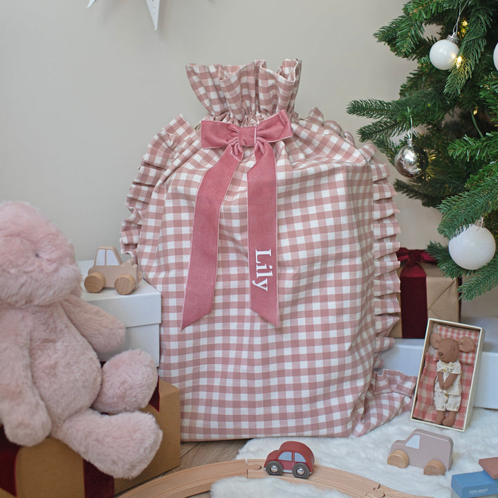 Mabel & Fox - Personalised Pink Gingham Ruffle Gift Sack - Velvet Bow