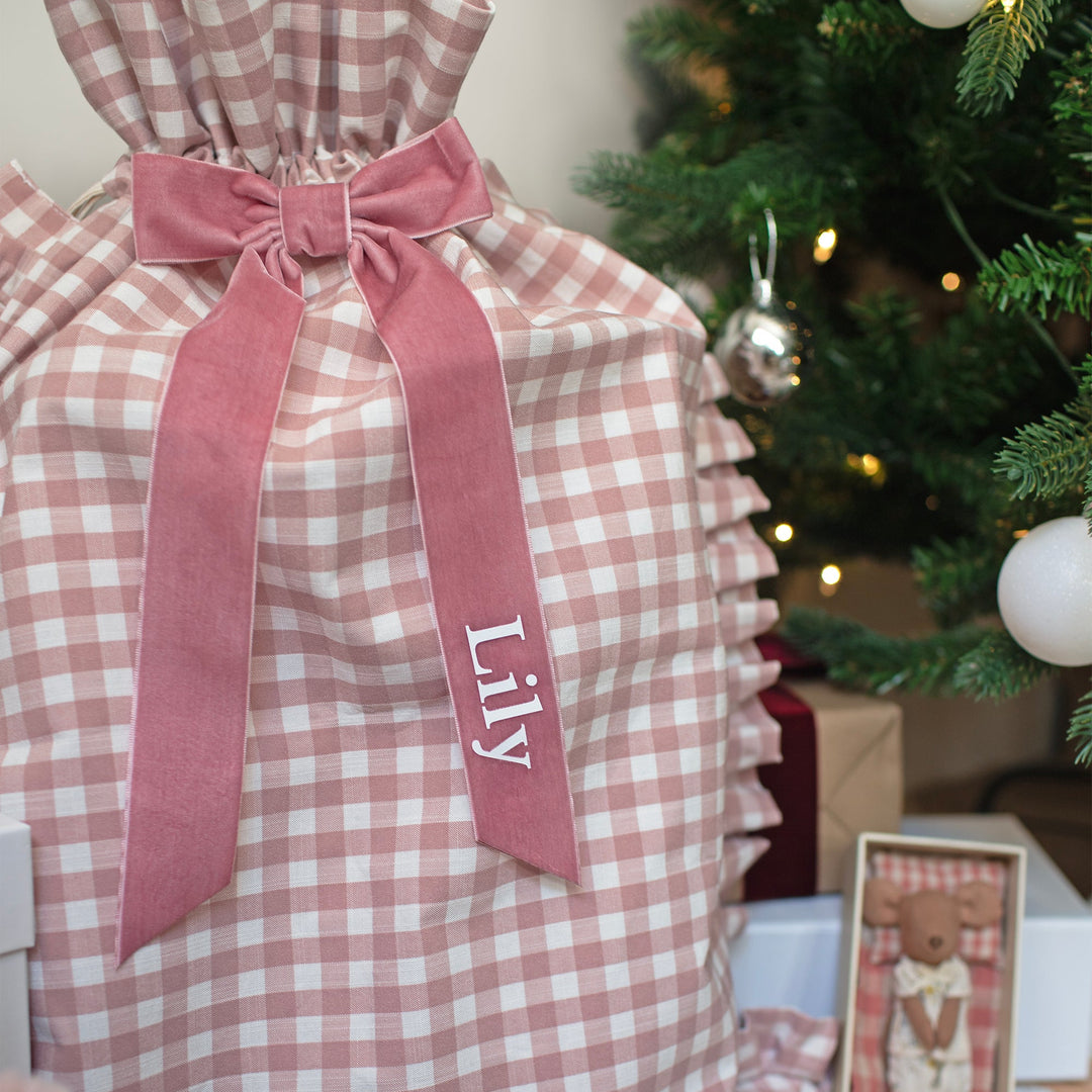 Mabel & Fox - Personalised Pink Gingham Ruffle Gift Sack - Velvet Bow