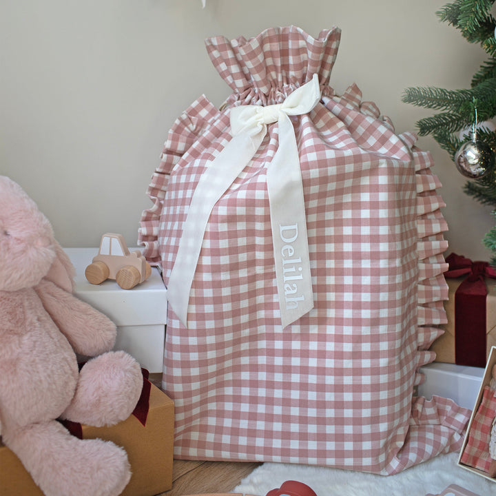 Mabel & Fox - Personalised Pink Gingham Ruffle Gift Sack - Velvet Bow