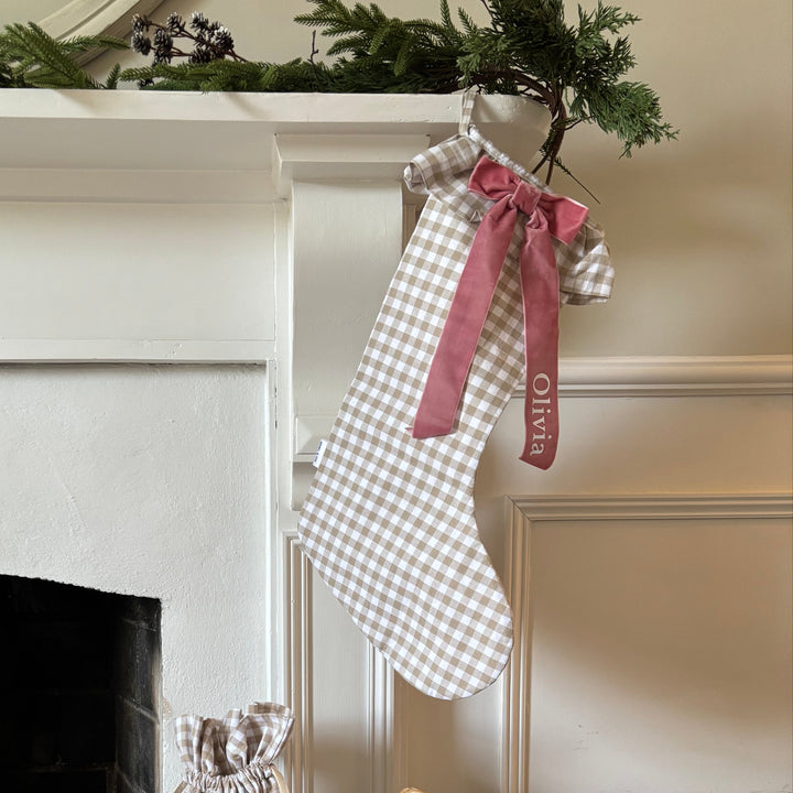 Pre-Order - Mabel & Fox - Personalised Beige Gingham Stocking - Velvet Bow