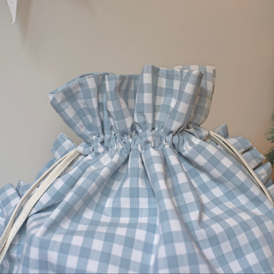 Mabel & Fox - Personalised Blue Gingham Ruffle Gift Sack - Embroidered