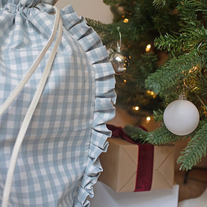 Mabel & Fox - Personalised Blue Gingham Ruffle Gift Sack - Embroidered