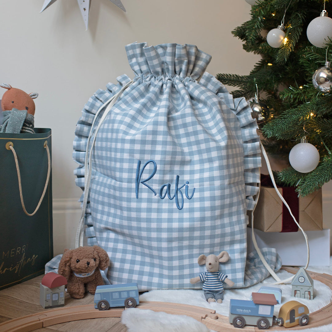 Mabel & Fox - Personalised Blue Gingham Ruffle Gift Sack - Embroidered