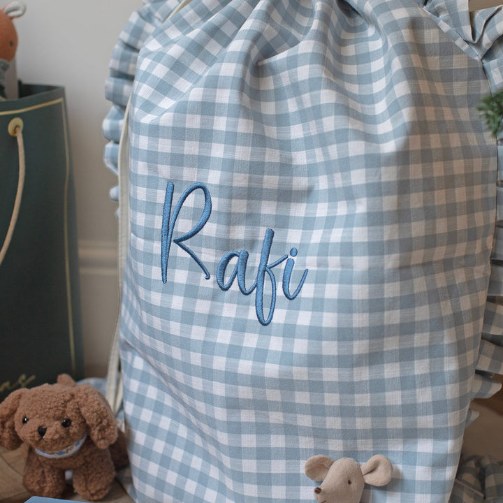 Mabel & Fox - Personalised Blue Gingham Ruffle Gift Sack - Embroidered