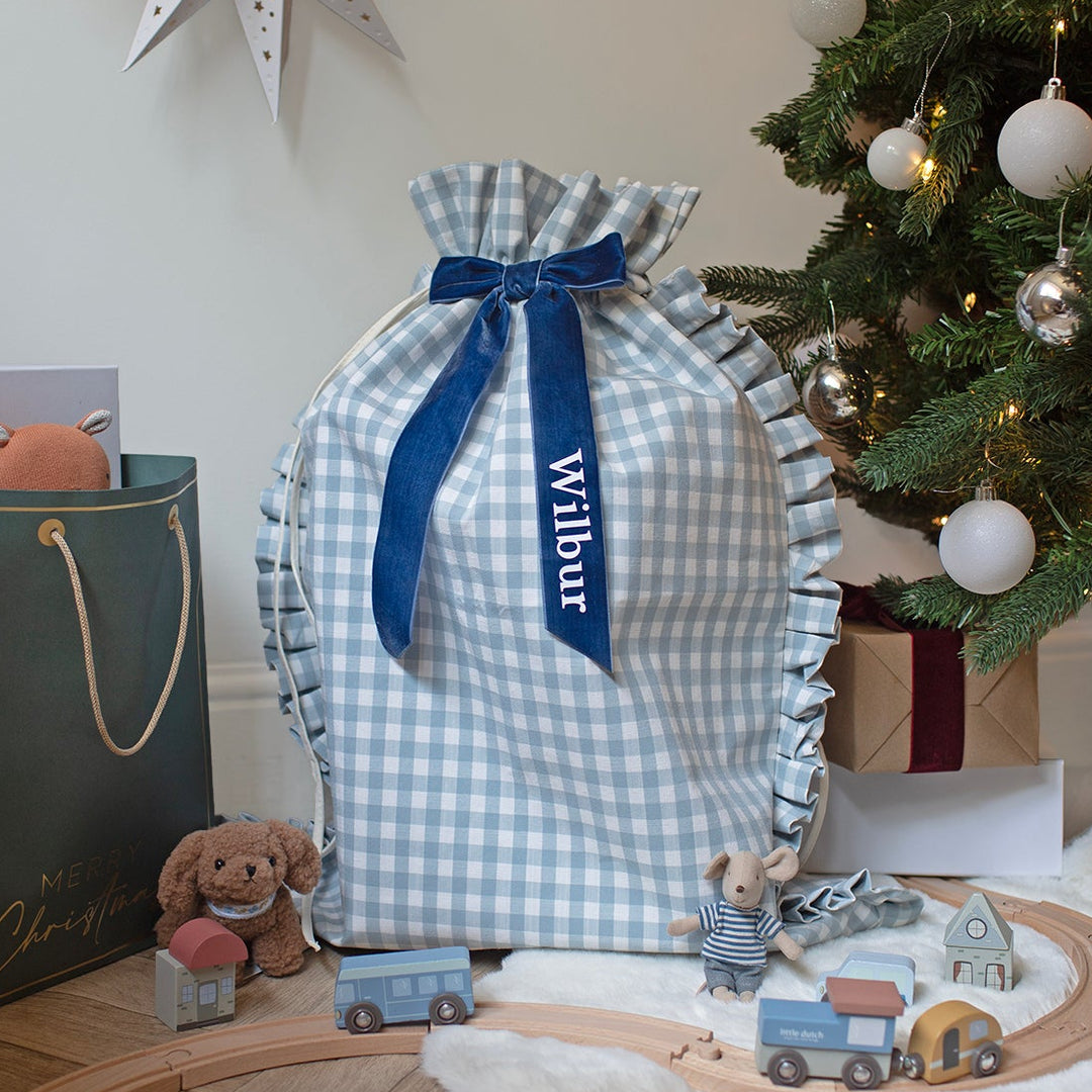 Mabel & Fox - Personalised Blue Gingham Ruffle Gift Sack - Velvet Bow
