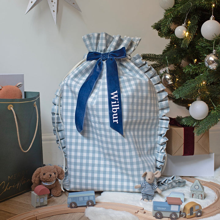 Mabel & Fox - Personalised Blue Gingham Ruffle Gift Sack - Velvet Bow