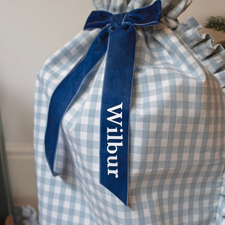 Mabel & Fox - Personalised Blue Gingham Ruffle Gift Sack - Velvet Bow