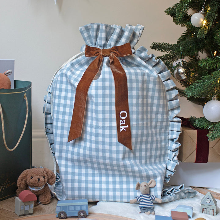 Mabel & Fox - Personalised Blue Gingham Ruffle Gift Sack - Velvet Bow