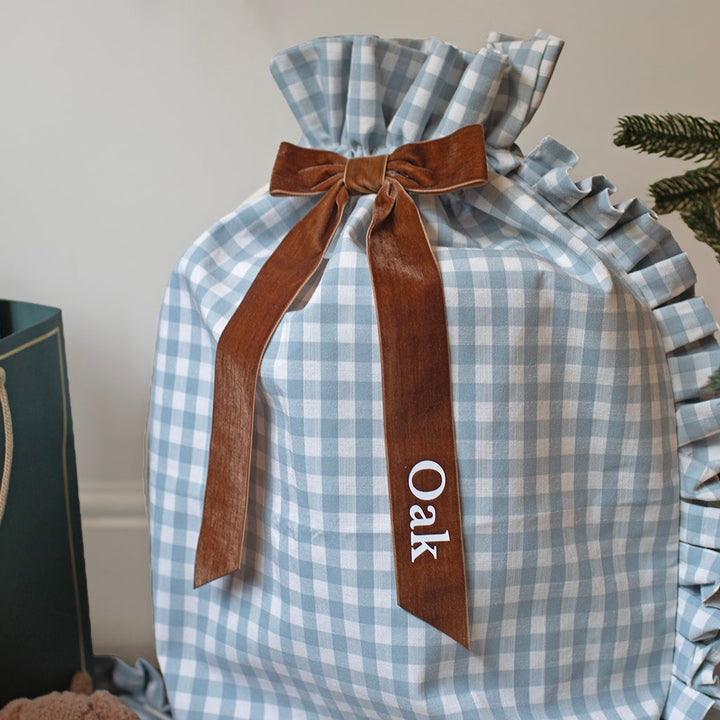Mabel & Fox - Personalised Blue Gingham Ruffle Gift Sack - Velvet Bow