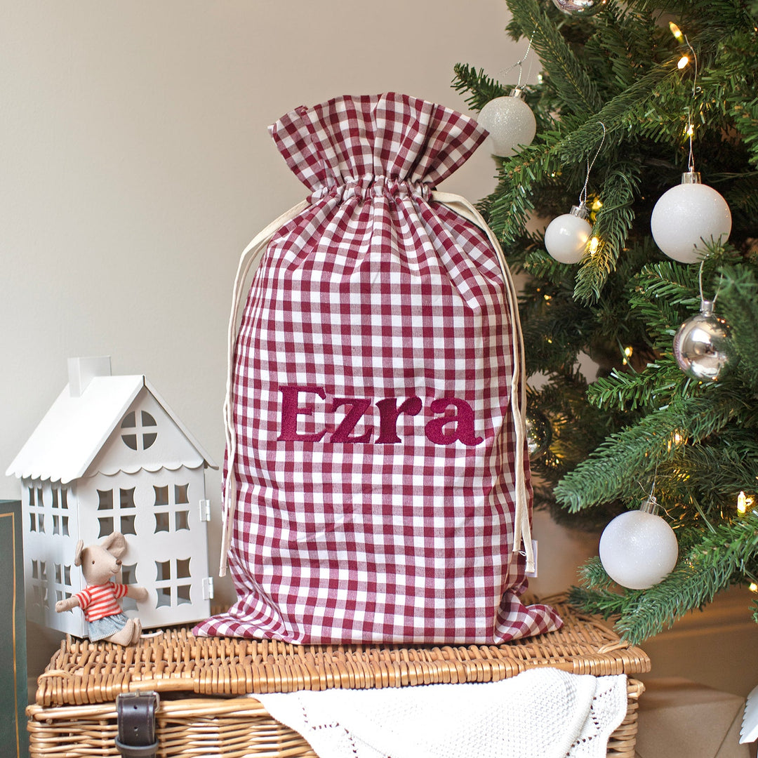 Mabel & Fox - Personalised Red Gingham Mini Gift Sack - Embroidered