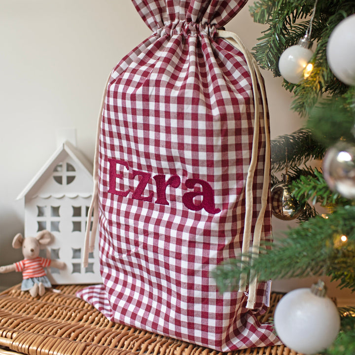 Mabel & Fox - Personalised Red Gingham Mini Gift Sack - Embroidered