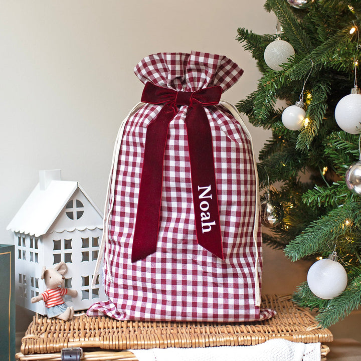Mabel & Fox - Personalised Red Gingham Mini Gift Sack - Velvet Bow