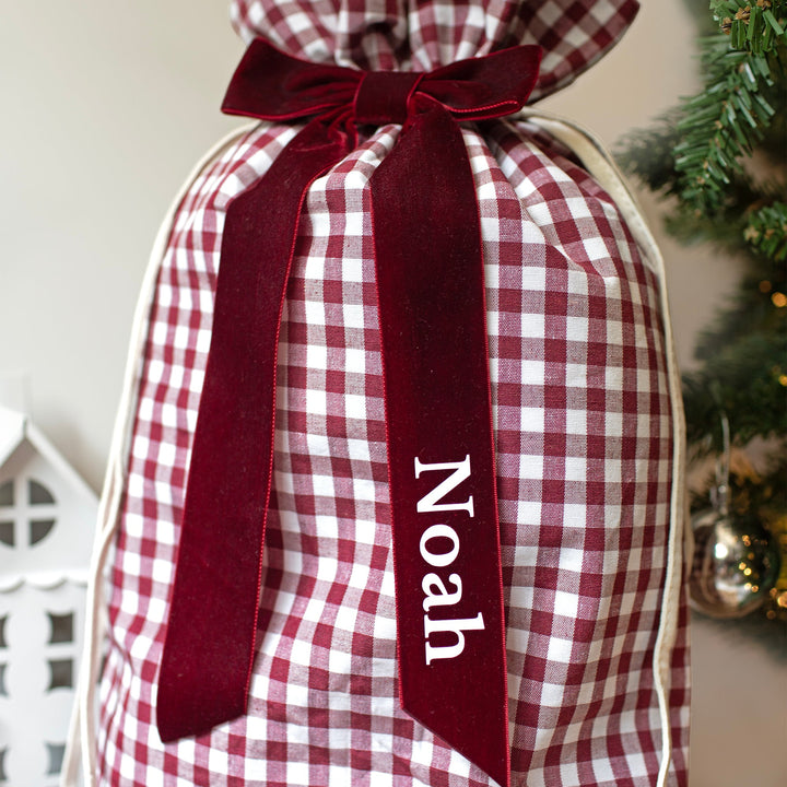 Mabel & Fox - Personalised Red Gingham Mini Gift Sack - Velvet Bow