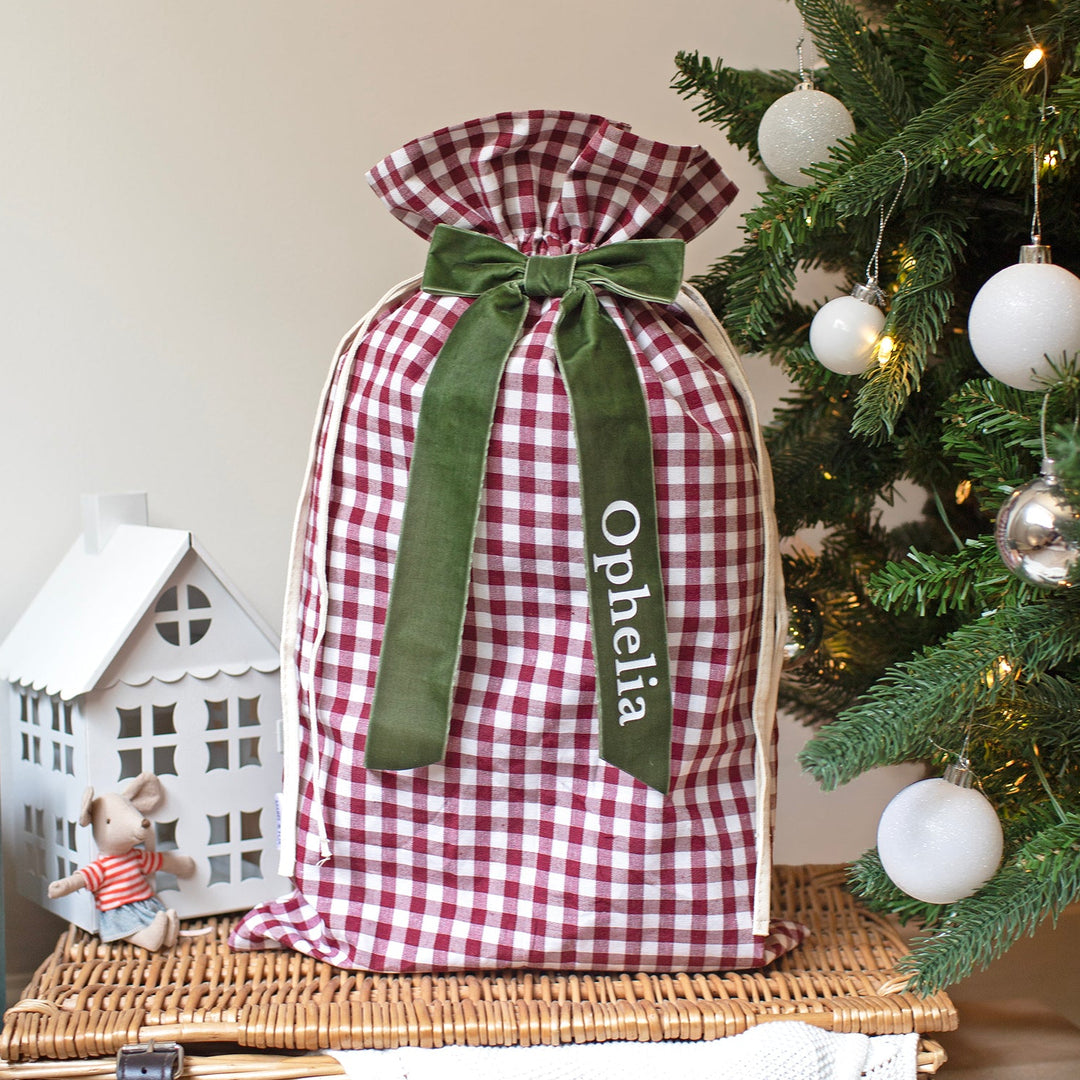 Mabel & Fox - Personalised Red Gingham Mini Gift Sack - Velvet Bow