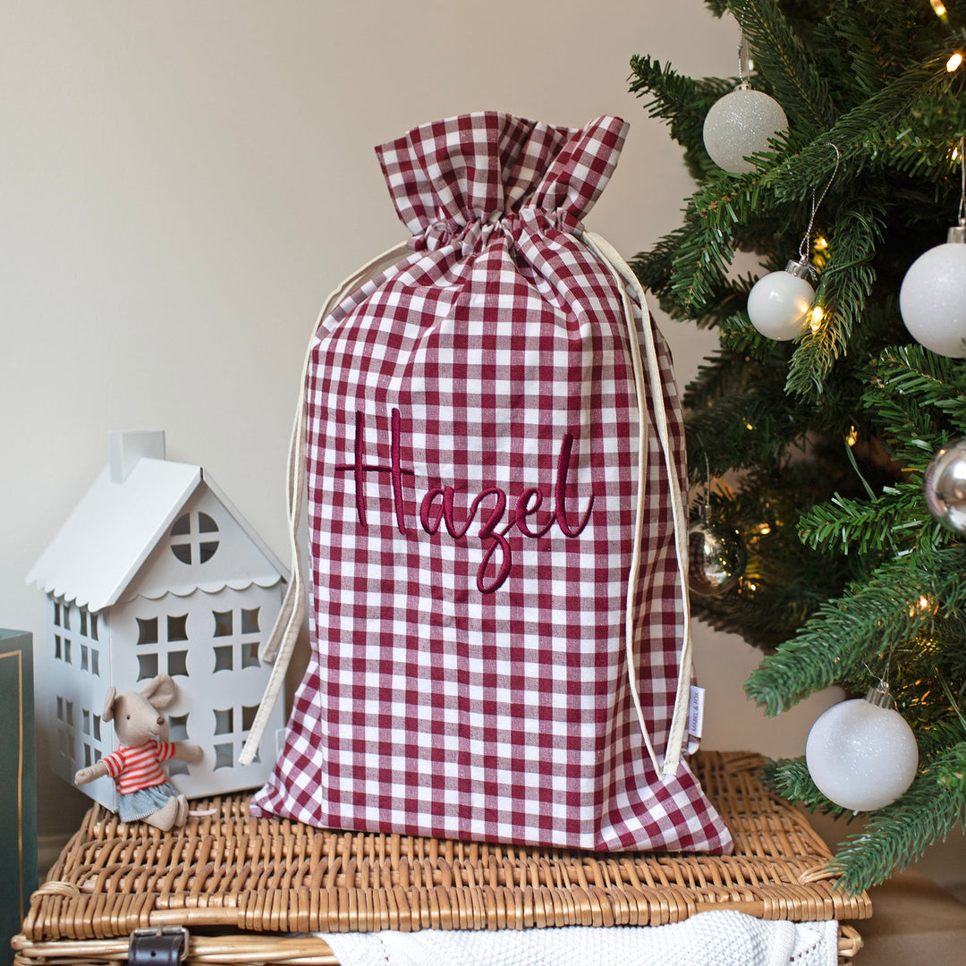Mabel & Fox - Personalised Red Gingham Mini Gift Sack - Embroidered