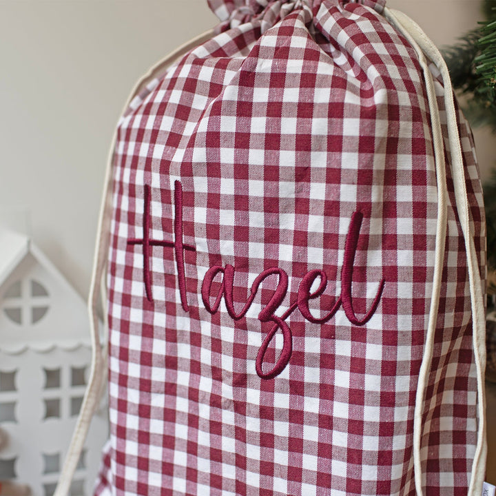 Mabel & Fox - Personalised Red Gingham Mini Gift Sack - Embroidered