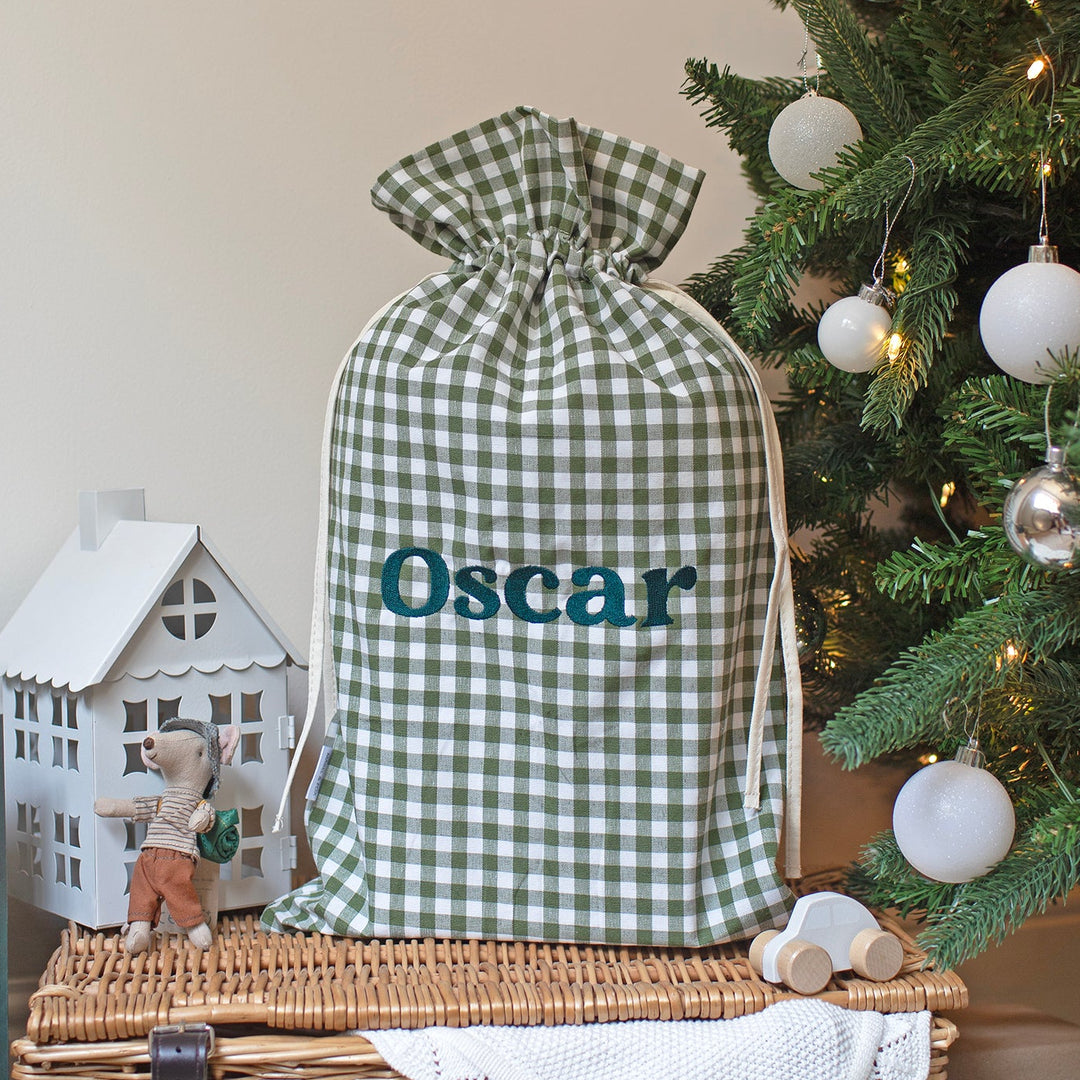 Mabel & Fox - Personalised Green Gingham Mini Gift Sack - Embroidered