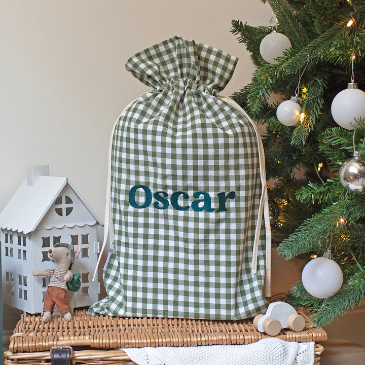 Mabel & Fox - Personalised Green Gingham Mini Gift Sack - Embroidered